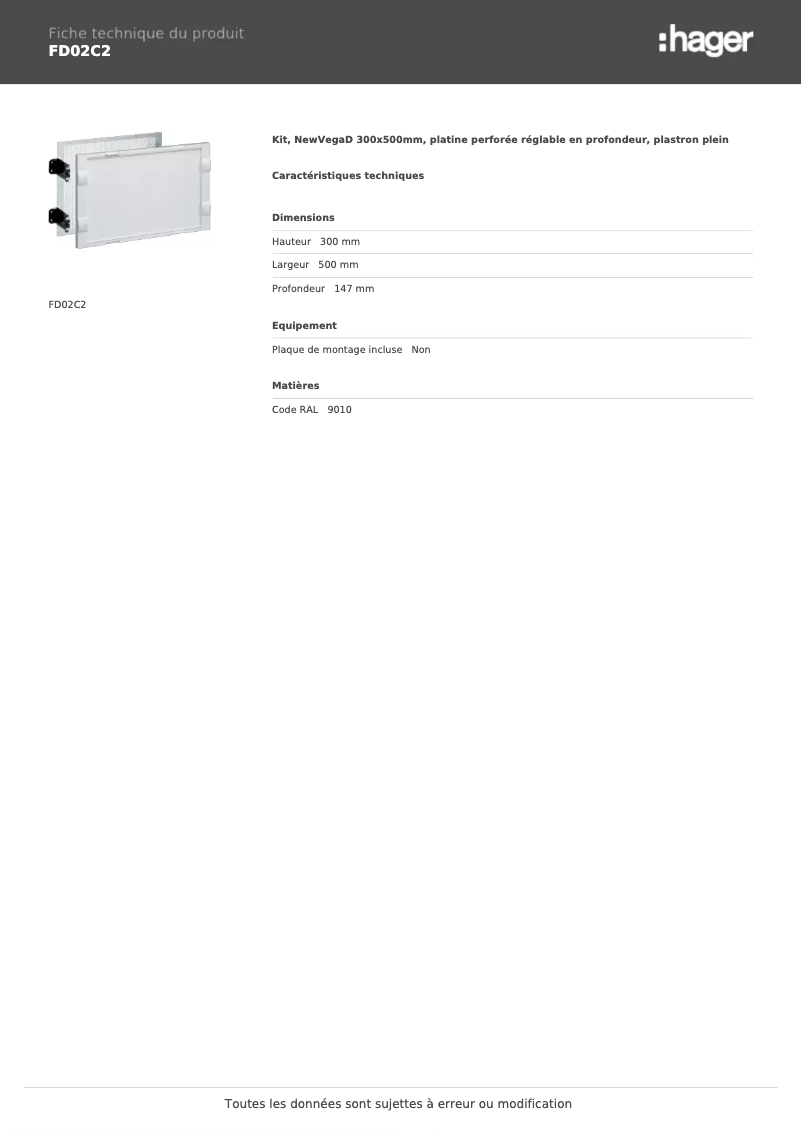 Page 1 de la notice Fiche technique Hager FD02C2