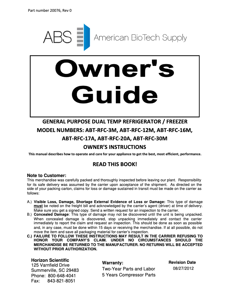 Page 1 de la notice Manuel d'utilisation et d'entretien American BioTech Supply ABT-RFC-30M