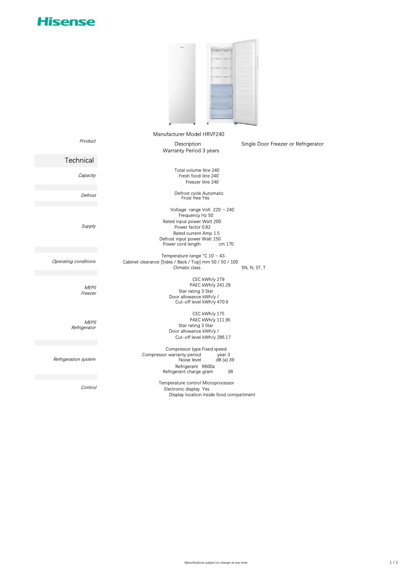 Page 1 de la notice Fiche technique Hisense HRVF240