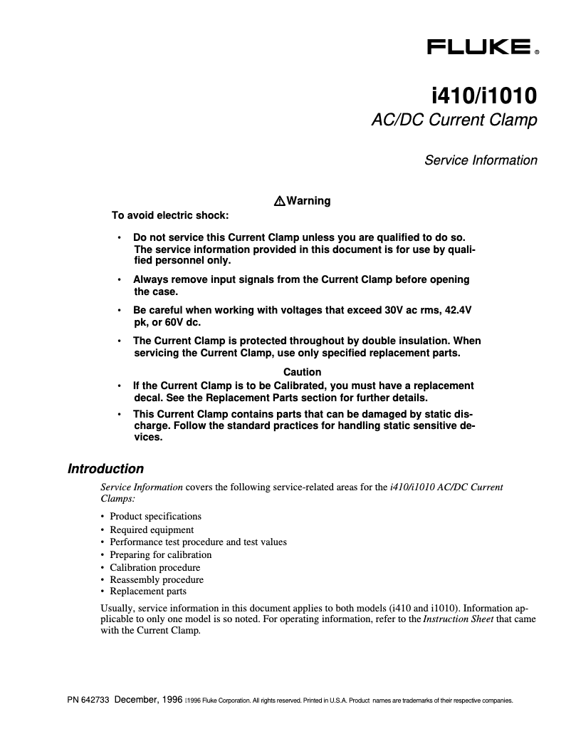 Page 1 de la notice Manuel utilisateur Fluke i410