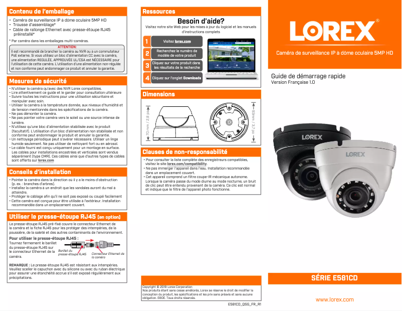 Page 1 de la notice Guide de démarrage rapide Lorex E581CD-E