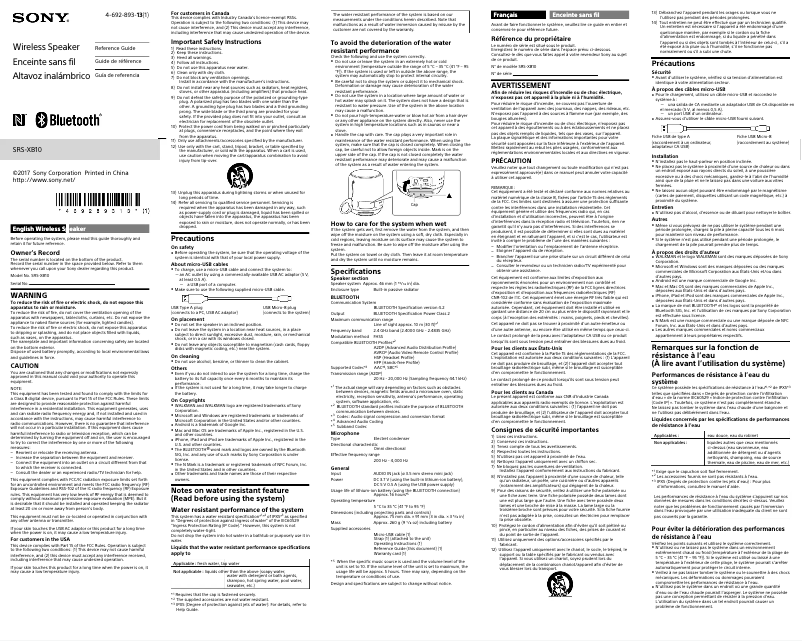 Page 1 de la notice Manuel utilisateur Sony SRSXB10B