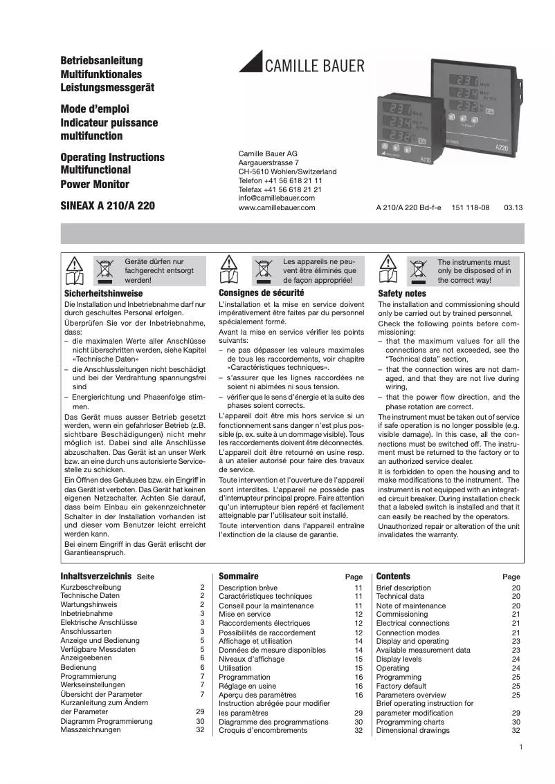 Page n°1 - Manuel utilisateur Camille Bauer Sineax A212