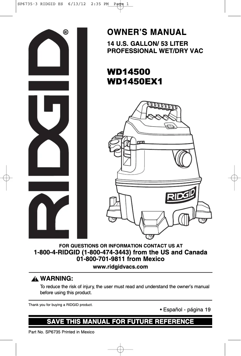 Página 1 del manual Manual de usuario Ridgid WD1450EX1