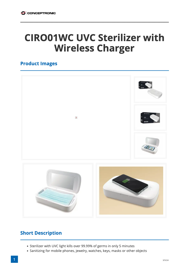 Page 1 de la notice Fiche technique Equip CIRO01WC