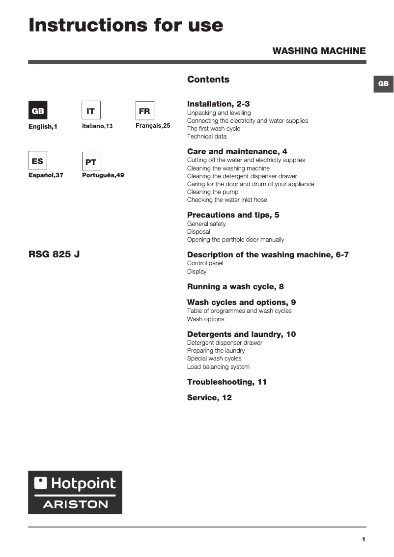 Page 1 of the manual User Manual Hotpoint RSG 825 JA EU
