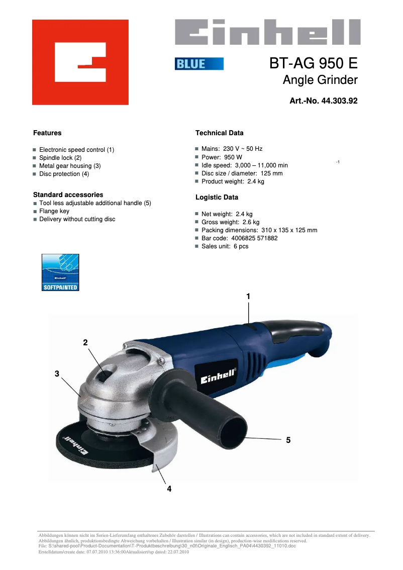 Page 1 de la notice Manuel utilisateur Einhell BT-AG 950 E