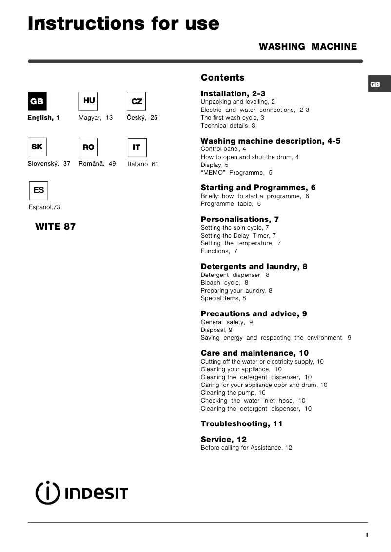 Image de la première page du manuel de l'appareil WITE 87