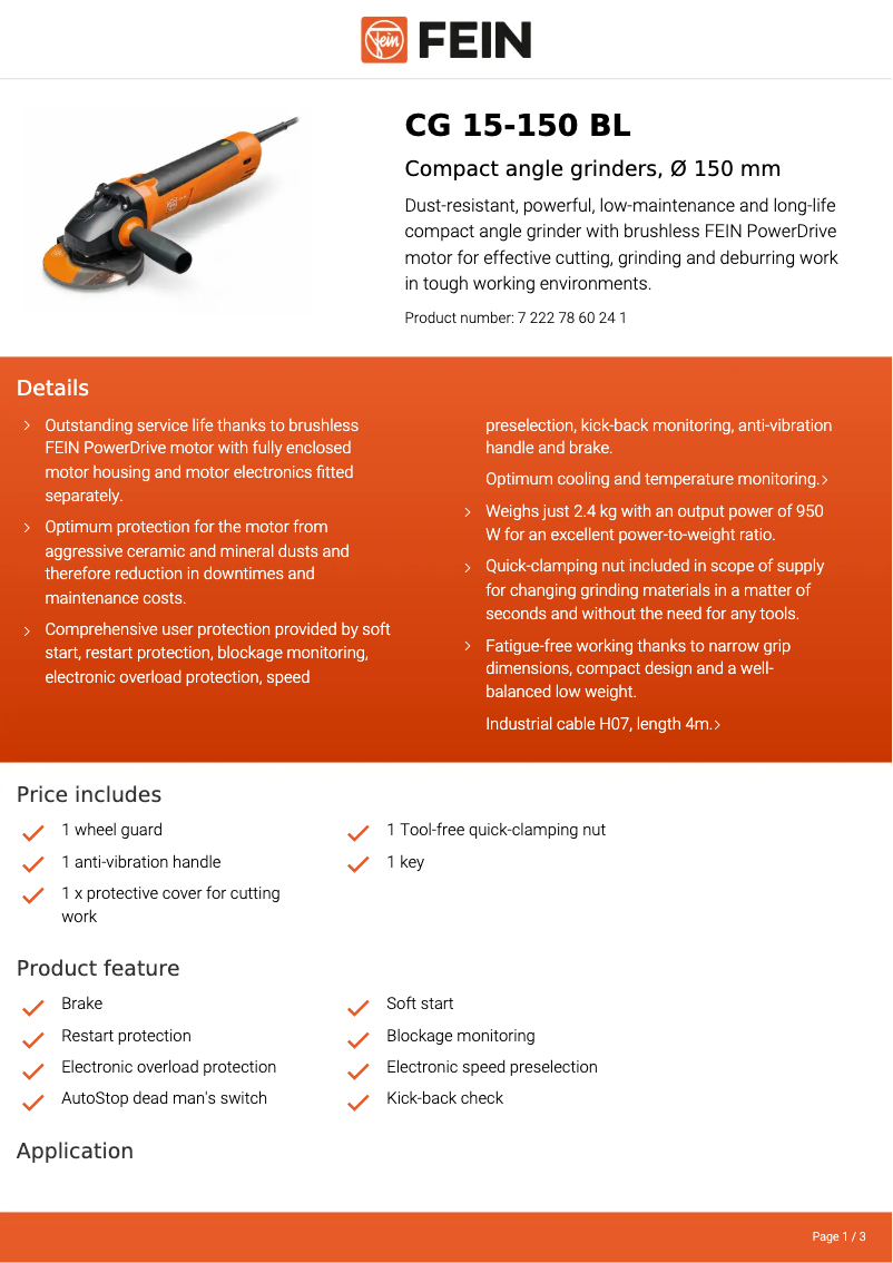 Página 1 del manual Ficha técnica Fein CG 15-150 BL