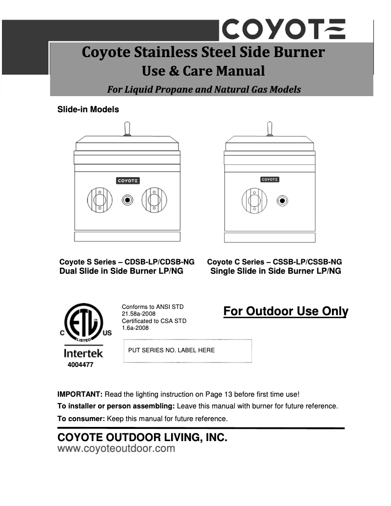 Page 1 de la notice Fiche technique Coyote CSSBLP
