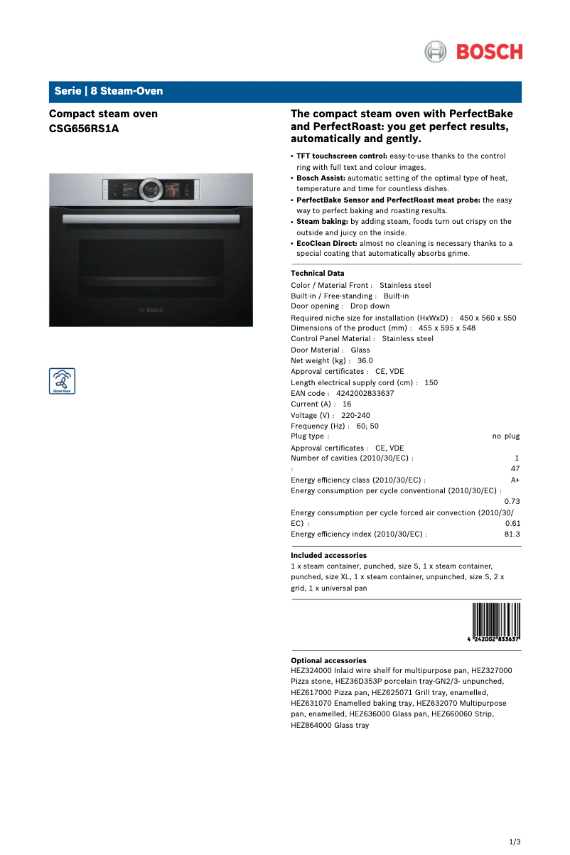 Page 1 de la notice Fiche technique Bosch CSG656RS1A