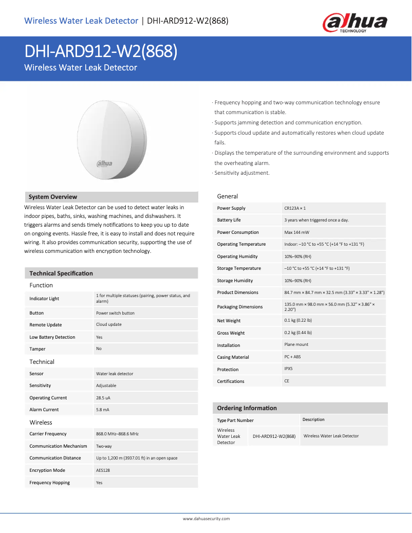 Page 1 de la notice Fiche technique Dahua Technology ARD912-W2