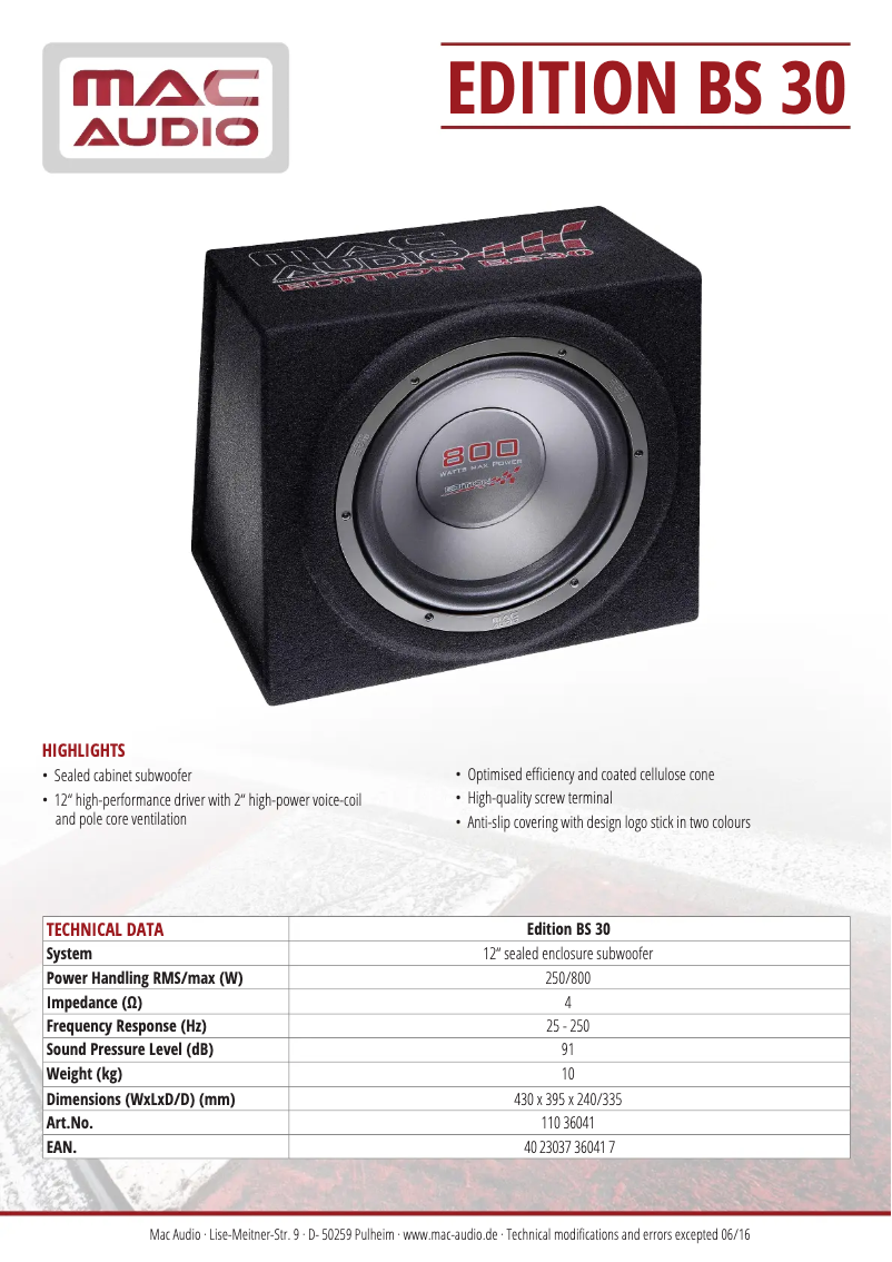 Page 1 de la notice Fiche technique Mac Audio Edition BS 30