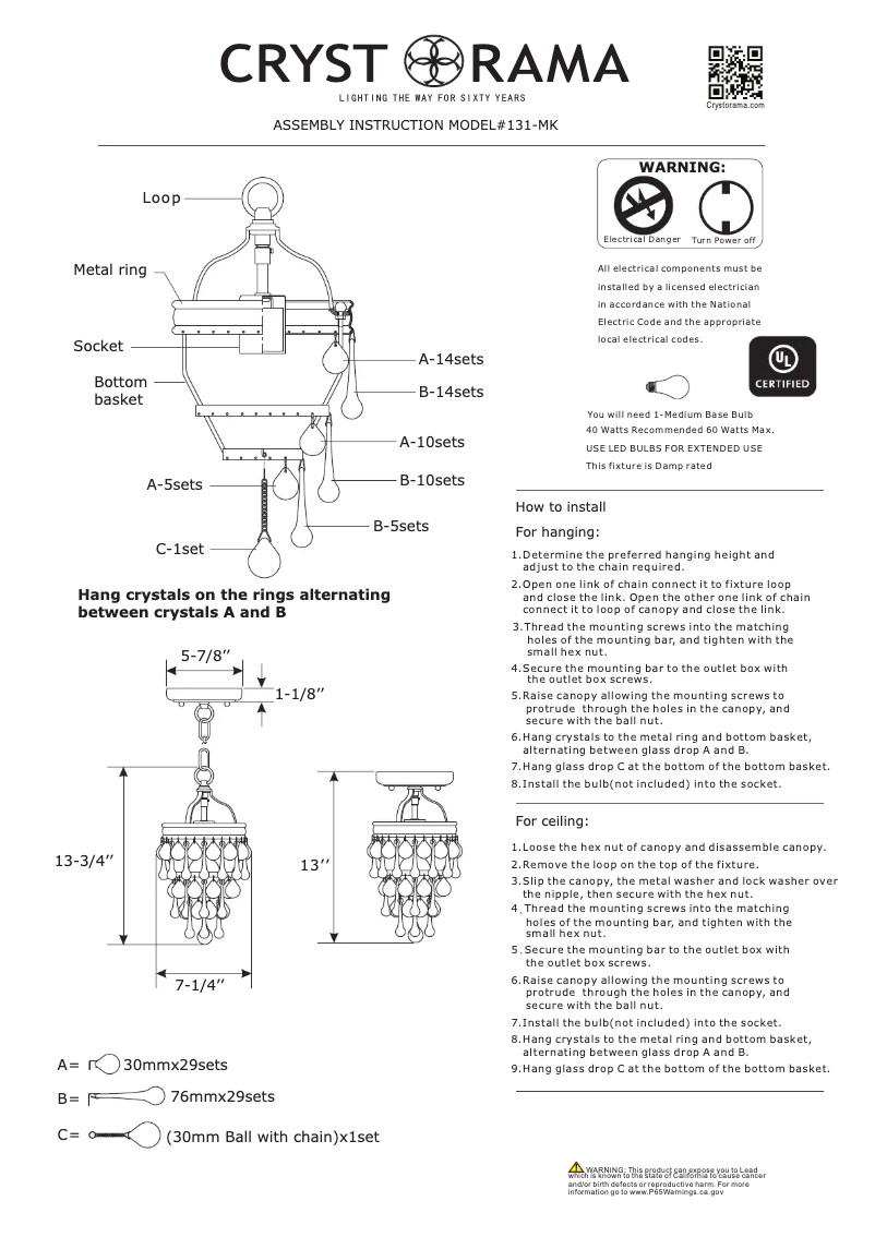 Page 1 de la notice Manuel utilisateur Crystorama Calypso 131-MK