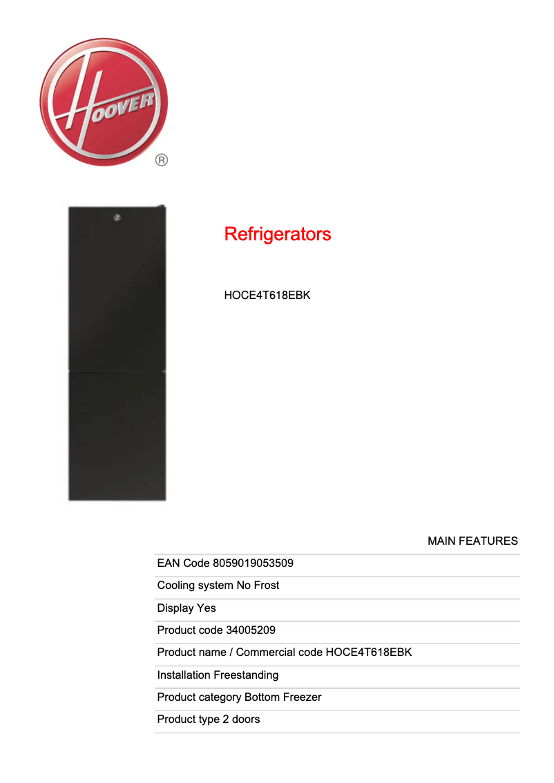 Page 1 de la notice Fiche technique Hoover HOCE4T618EBK