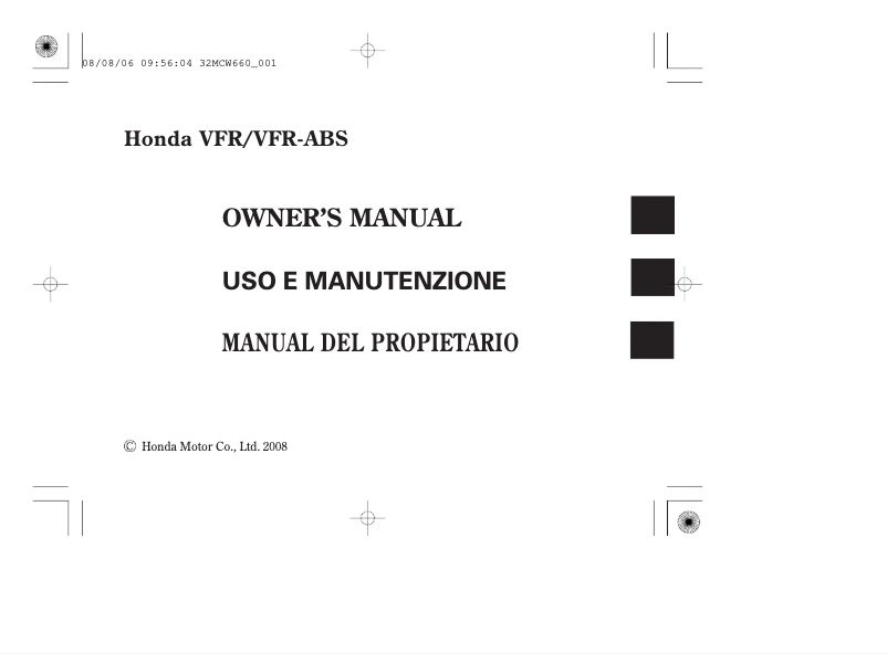 Image de la première page du manuel de l'appareil VFR800 (2008)