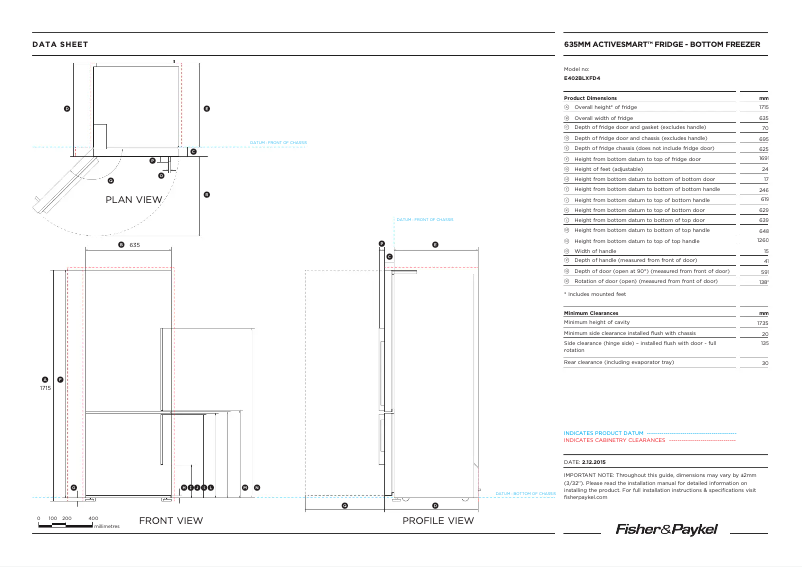 Page 1 de la notice Fiche technique Fisher & Paykel E402BLXFD4