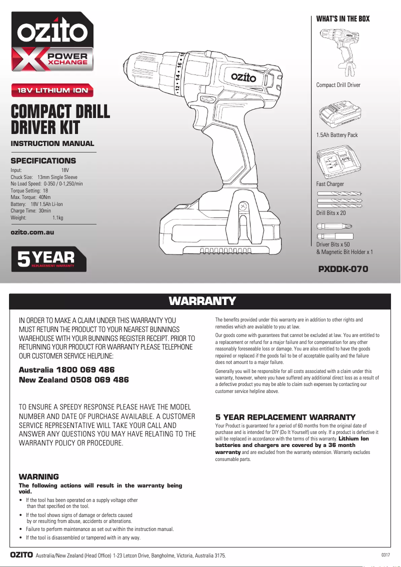 Página 1 del manual Manual de instrucciones Ozito PXDDK-070