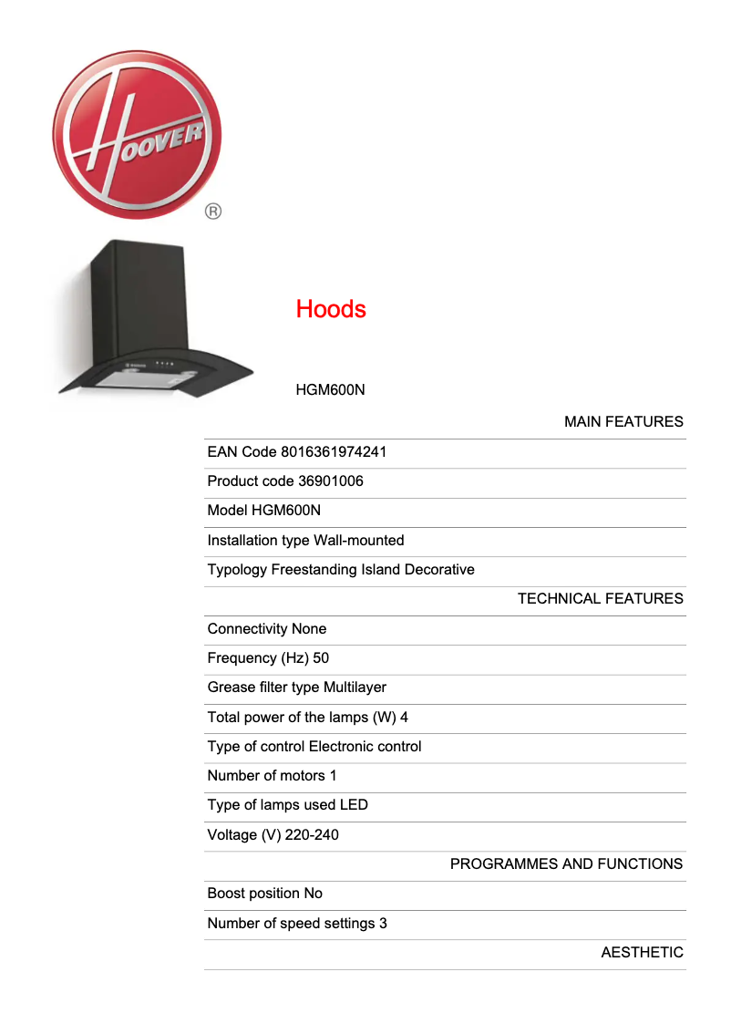 Page 1 de la notice Fiche technique Hoover HGM600N