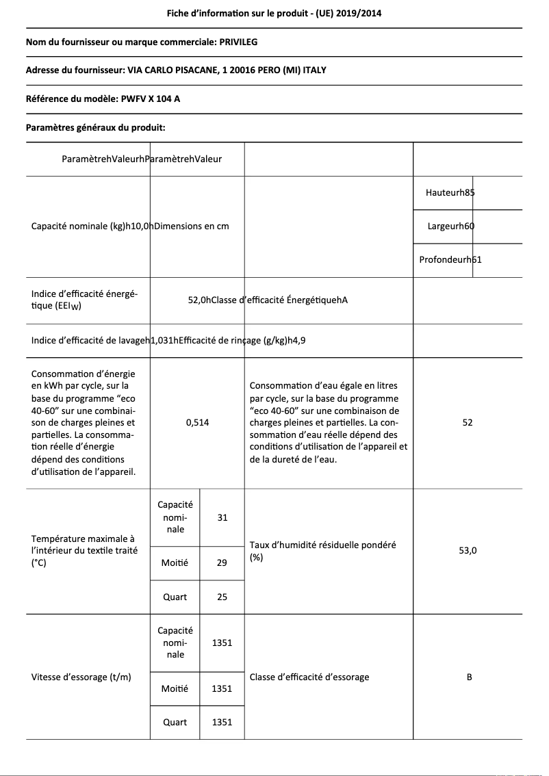 Page n°1 - Fiche technique Privileg PWFV X 104 A
