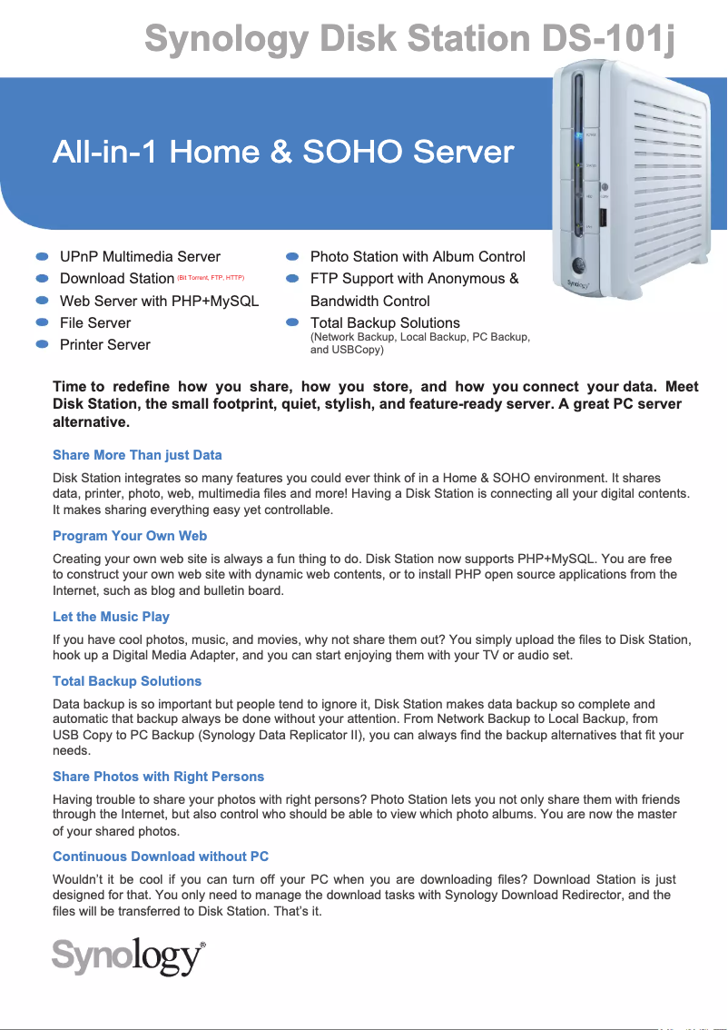 Image de la première page du manuel de l'appareil DiskStation DS-101j