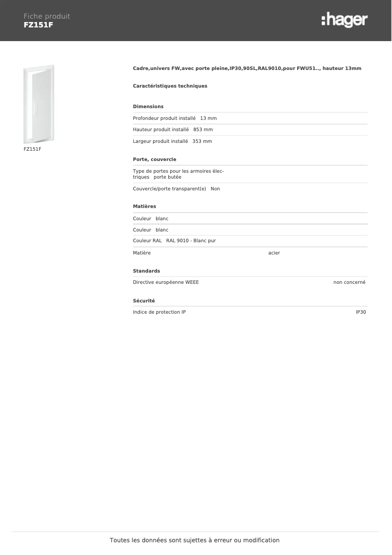 Page 1 de la notice Manuel utilisateur Hager FZ151F