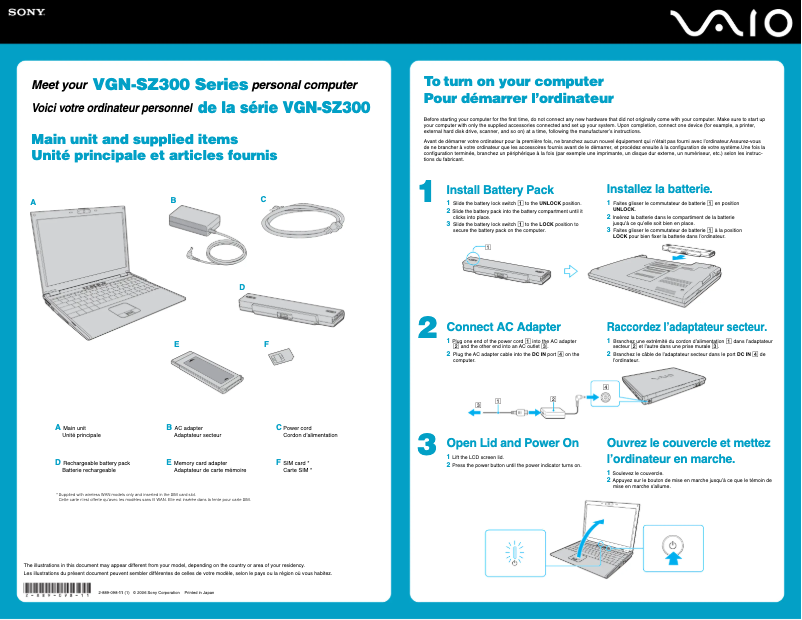 Page 1 de la notice Guide d'installation Sony Vaio VGN-SZ340