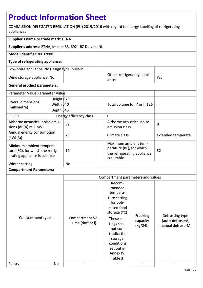 Page 1 de la notice Fiche technique Etna KKD7088