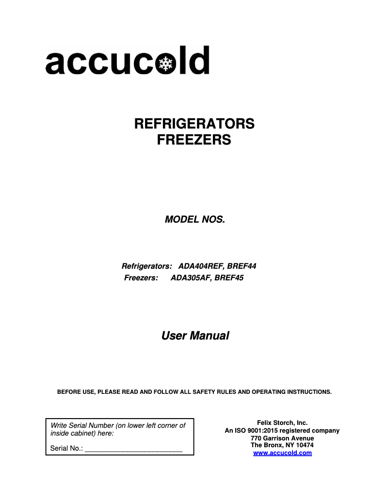 Page n°1 - Manuel d'utilisation et d'entretien Accucold ADA404REF