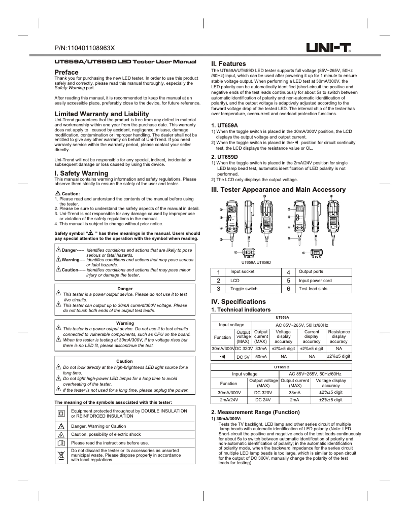 Page 1 de la notice Manuel utilisateur Uni-T UT659D