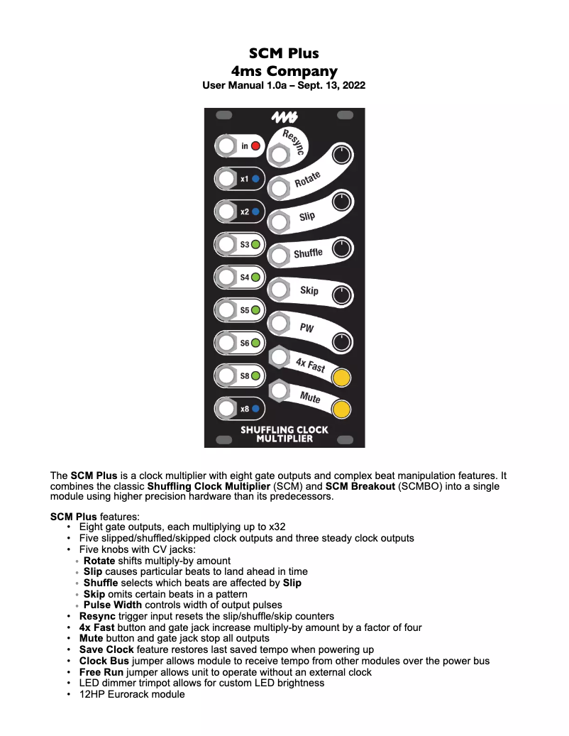 Page 1 de la notice Manuel utilisateur 4ms Shuffling Clock Multiplier