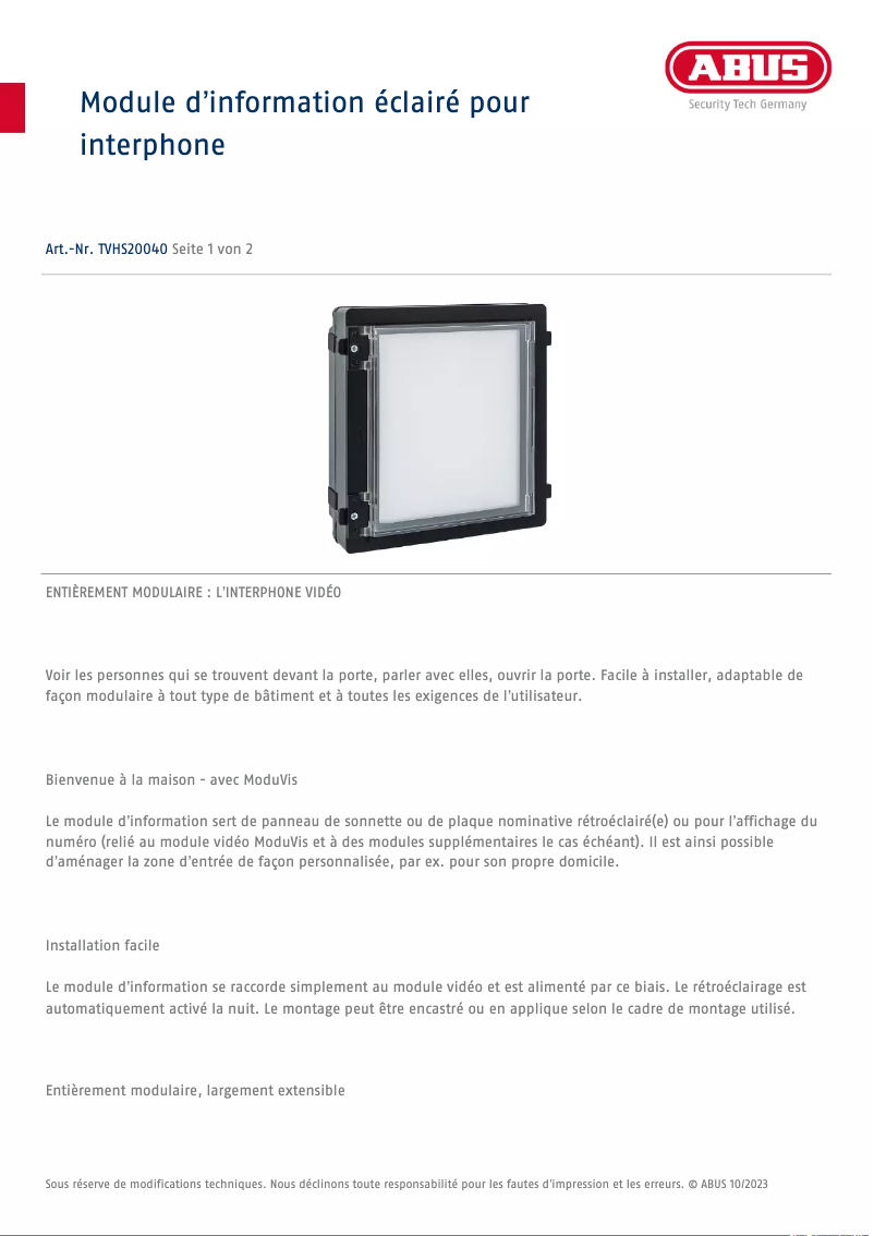 Page n°1 - Fiche technique Abus TVHS20040