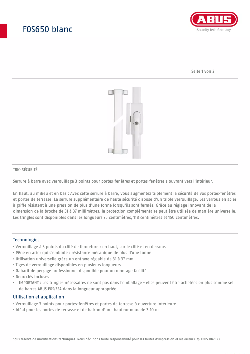 Page 1 de la notice Fiche technique Abus FOS650
