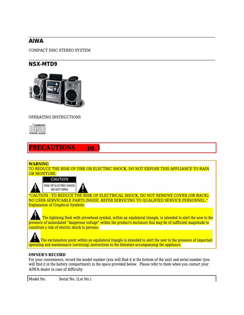 Image de la première page du manuel de l'appareil NSX-MTD9