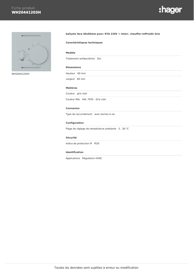 Page 1 de la notice Fiche technique Hager WH20441203H
