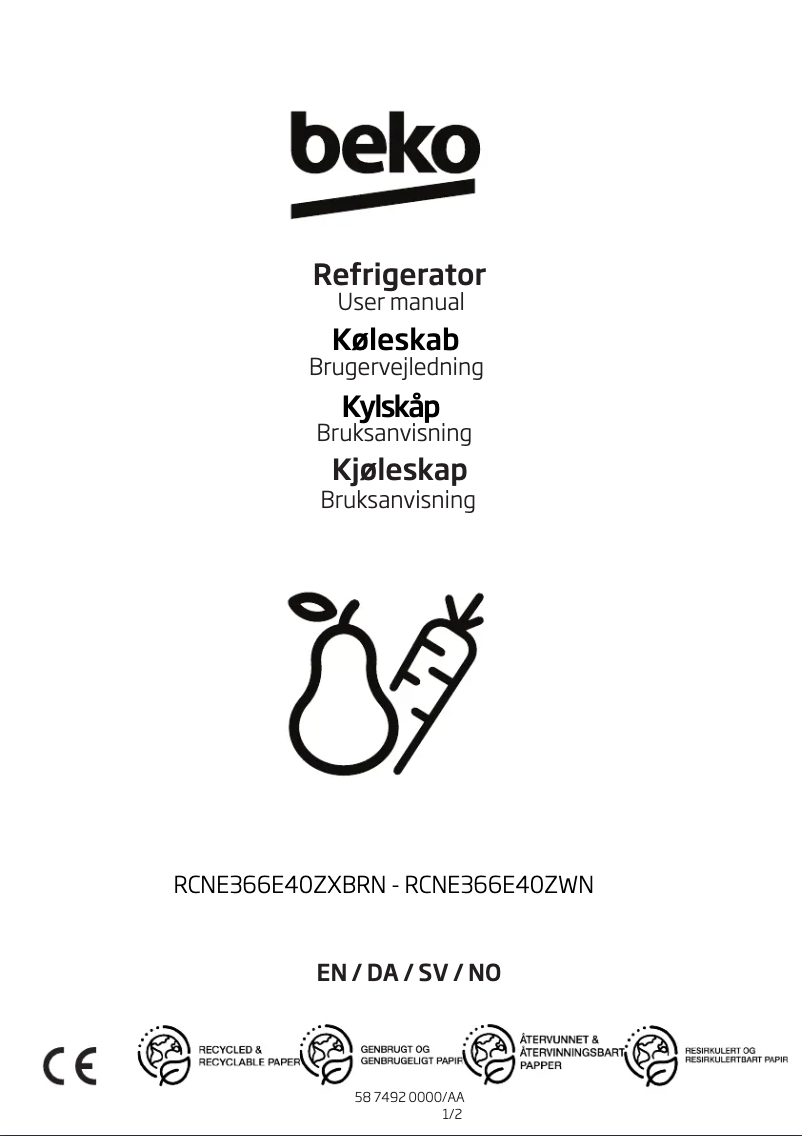 Page 1 de la notice Manuel utilisateur Beko RCNE366E40ZWN