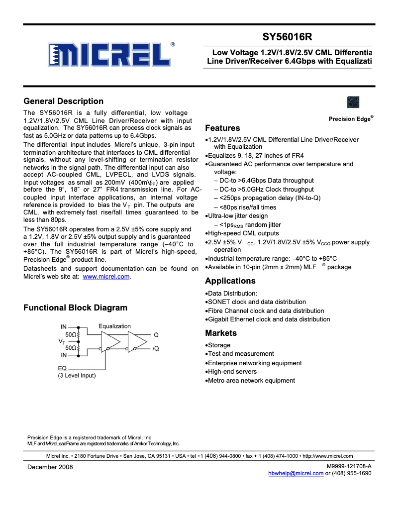 Page 1 de la notice Manuel utilisateur Microchip SY56016R