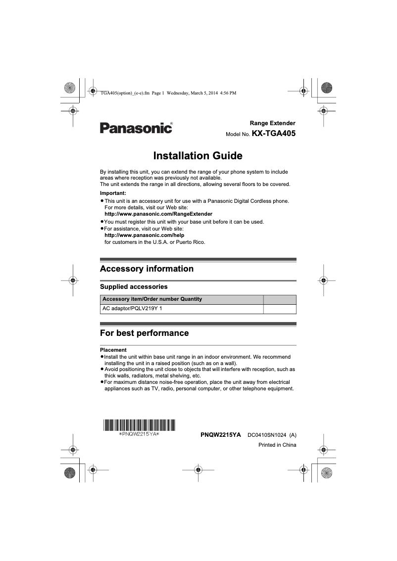 Imagen de la primera página del manual del dispositivo KX-TGA405