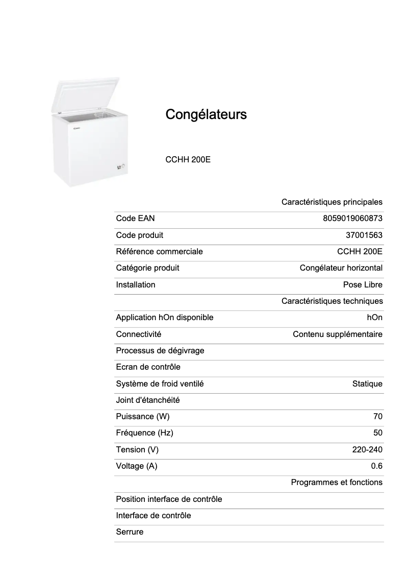 Page 1 de la notice Fiche technique Candy CCHH 200E