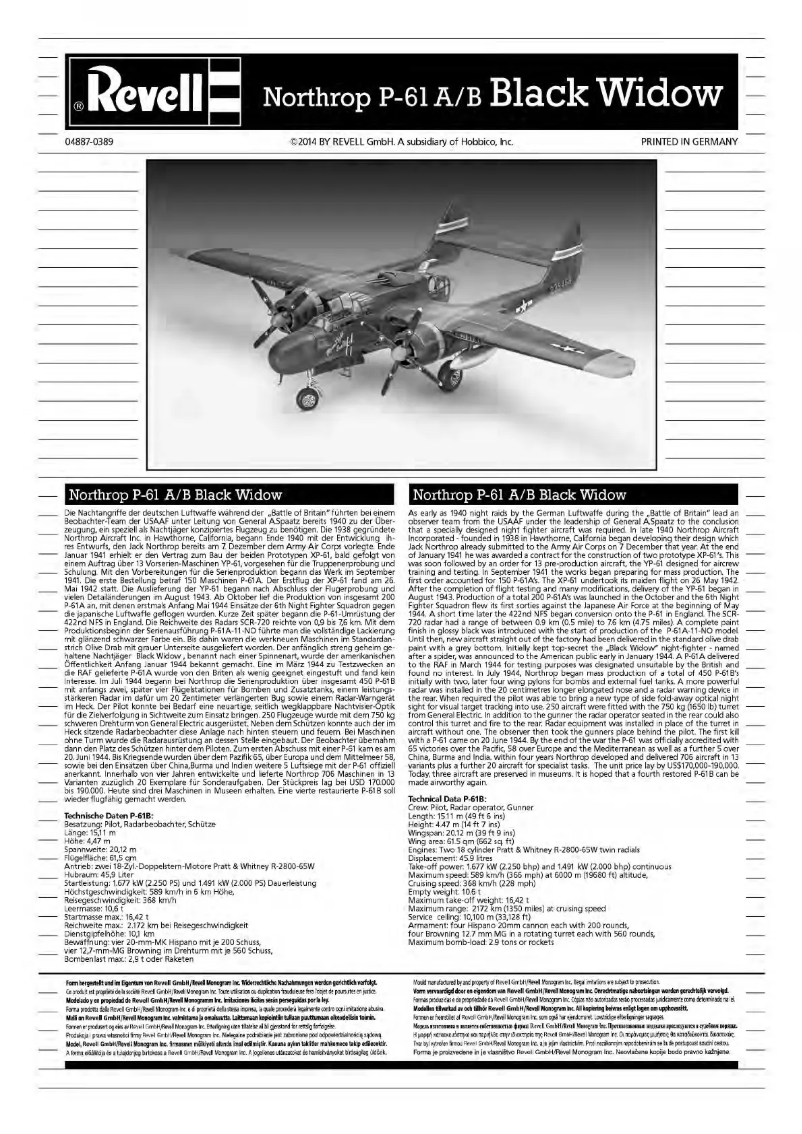 Page 1 de la notice Manuel utilisateur Revell Northrop P-61A/B Black Widow