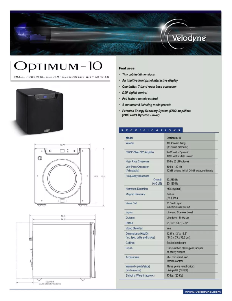 Page 1 de la notice Manuel utilisateur Velodyne Optimum-12