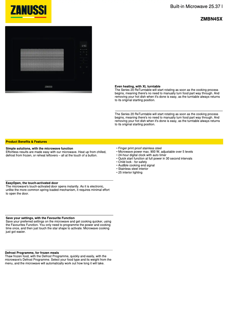 Page 1 de la notice Fiche technique Zanussi ZMBN4SX