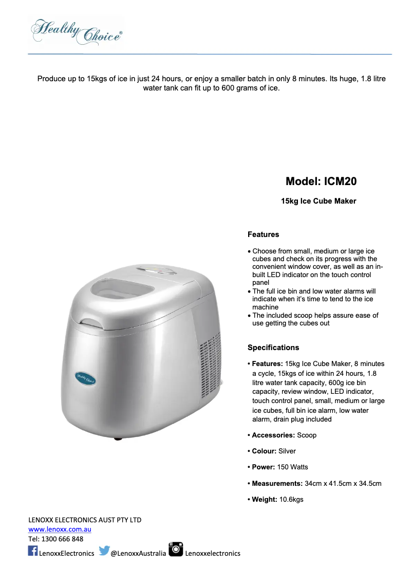 Page 1 de la notice Manuel utilisateur Healthy Choice ICM20