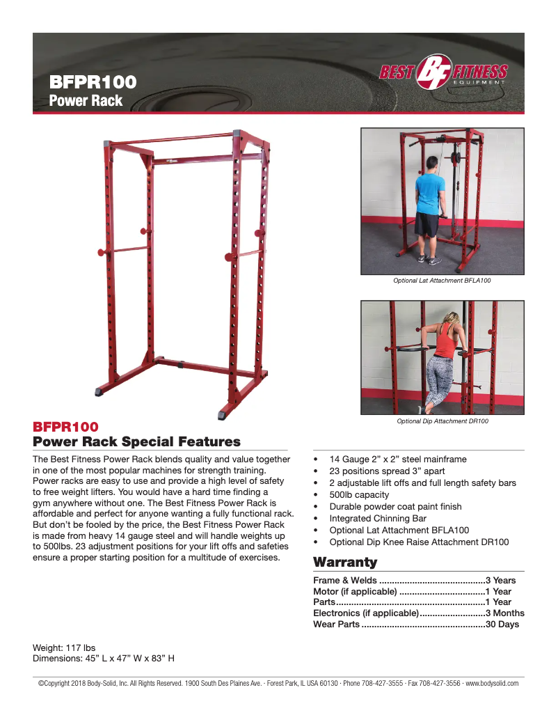 Page 1 de la notice Fiche technique Body-Solid BFPR100