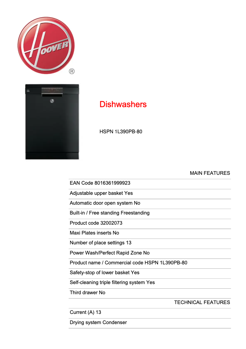 Page 1 de la notice Fiche technique Hoover HSPN 1L390PB-80