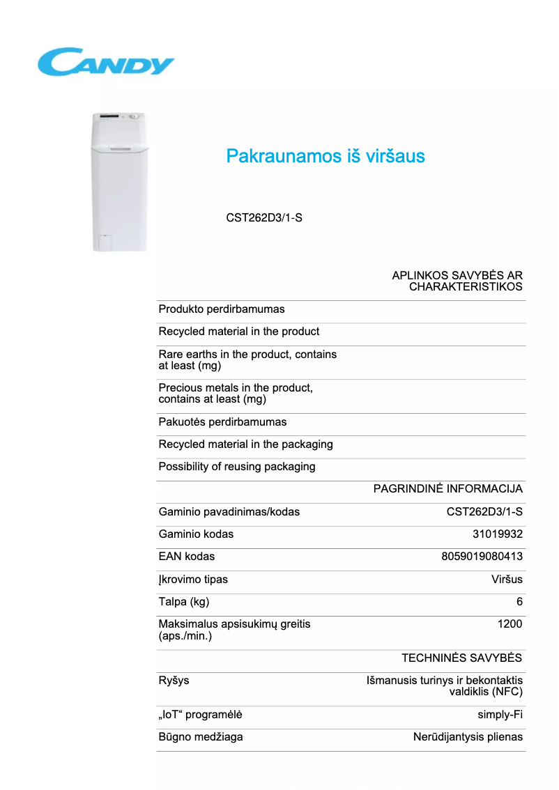 Page 1 de la notice Fiche technique Candy CST262D3/1-S