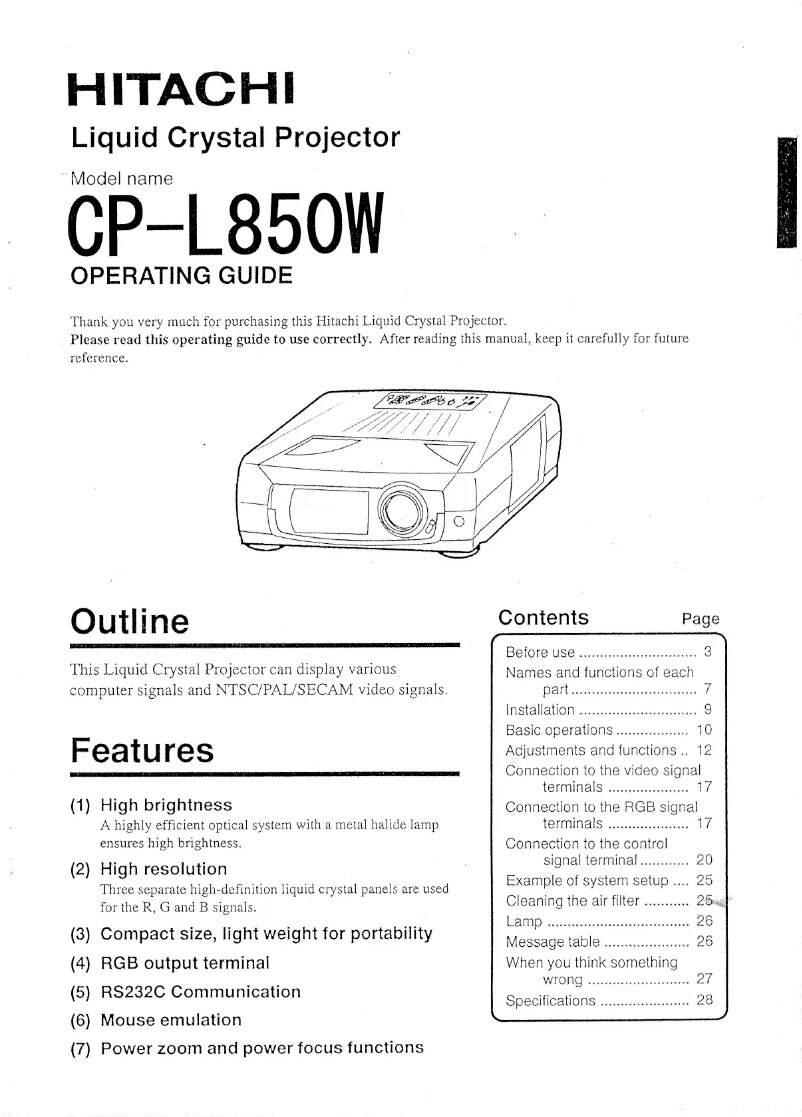 Page 1 de la notice Manuel utilisateur Hitachi CP-L850W