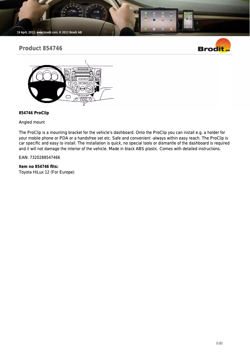 Page 1 de la notice Manuel utilisateur Brodit ProClip 854746