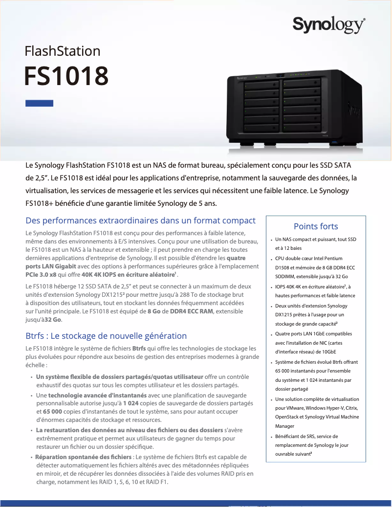 Page 1 de la notice Fiche technique Synology FS1018