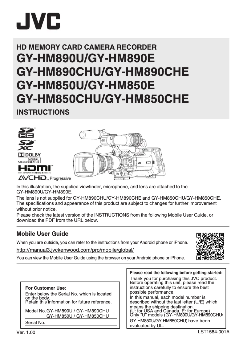 Page 1 de la notice Manuel utilisateur JVC GY-HM890